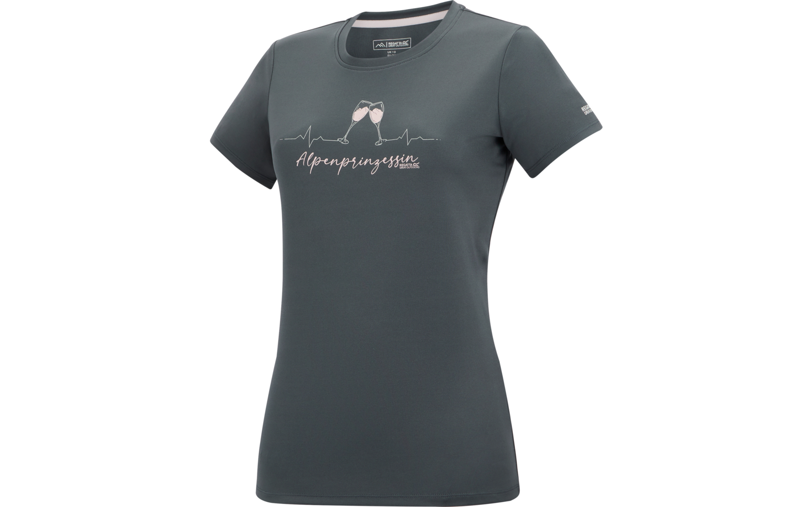 T-shirt anthracite cintré à manches courtes et col rond, motif ligne blanc représentant une silhouette de montagne avec deux petits cœurs et l'inscription "Alpenprinzessin" sur la poitrine