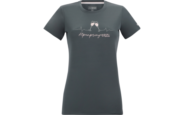 T-shirt femme gris foncé à manches courtes et col rond, imprimé poitrine : deux verres à vin qui s'entrechoquent, ligne de rythme cardiaque et inscription "Alpenprinzessin"