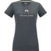 T-shirt femme gris foncé à manches courtes et col rond, imprimé poitrine : deux verres à vin qui s'entrechoquent, ligne de rythme cardiaque et inscription "Alpenprinzessin"