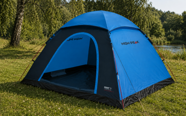 Blaues Kuppelzelt mit offenem Eingang, schwarzem Boden, roten Abspannleinen, auf Gras vor Bäumen und einem Gewässer; Schriftzug "HIGH PEAK" an der Seitenwand sichtbar