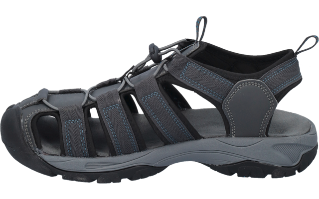 Dunkelgraue geschlossene Sandale mit mehreren Riemen, blauen Ziernähten und profilierter Sohle, Seitenansicht