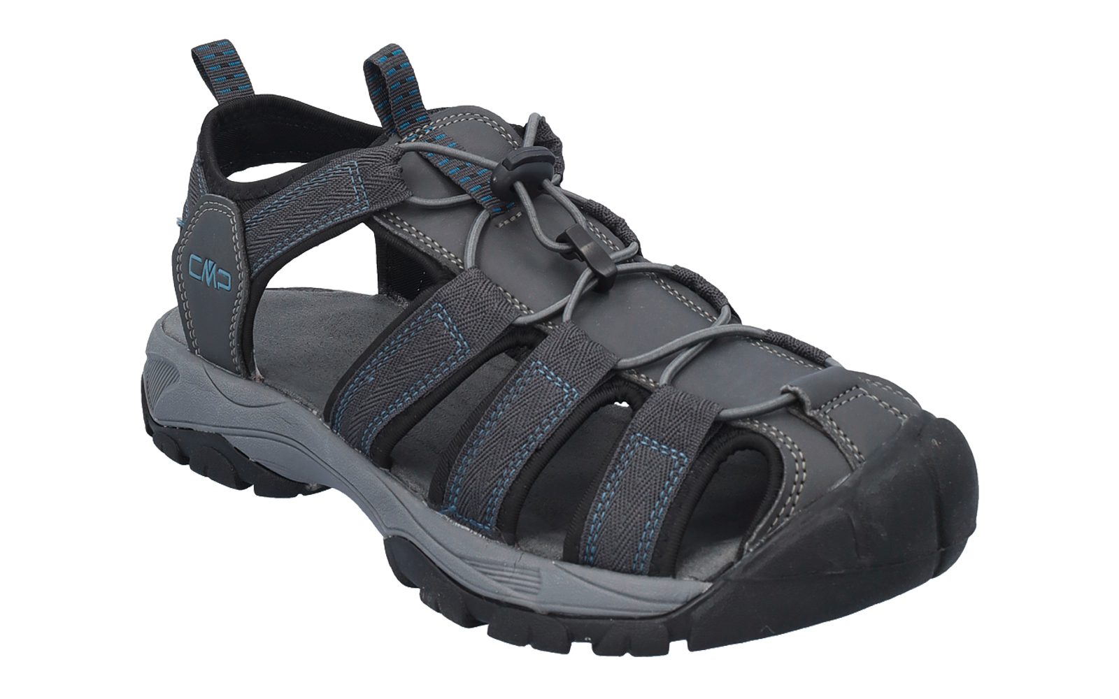 Graue Sandale mit geschlossenem Vorderteil, Gummispitze, mehreren Riemen, elastischer Schnürung, blauen Ziernähten und grauer Profilsohle