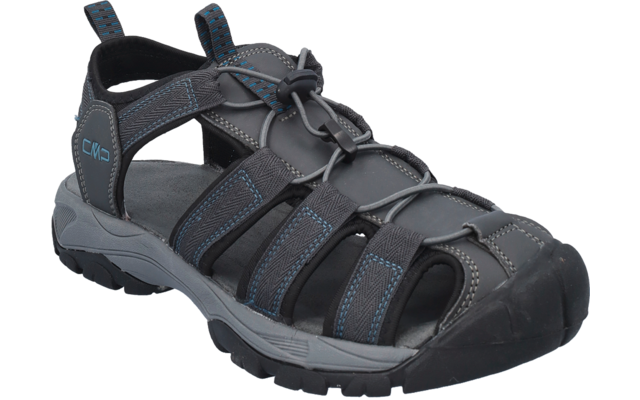 Graue Sandale mit geschlossenem Vorderteil, Gummispitze, mehreren Riemen, elastischer Schnürung, blauen Ziernähten und grauer Profilsohle