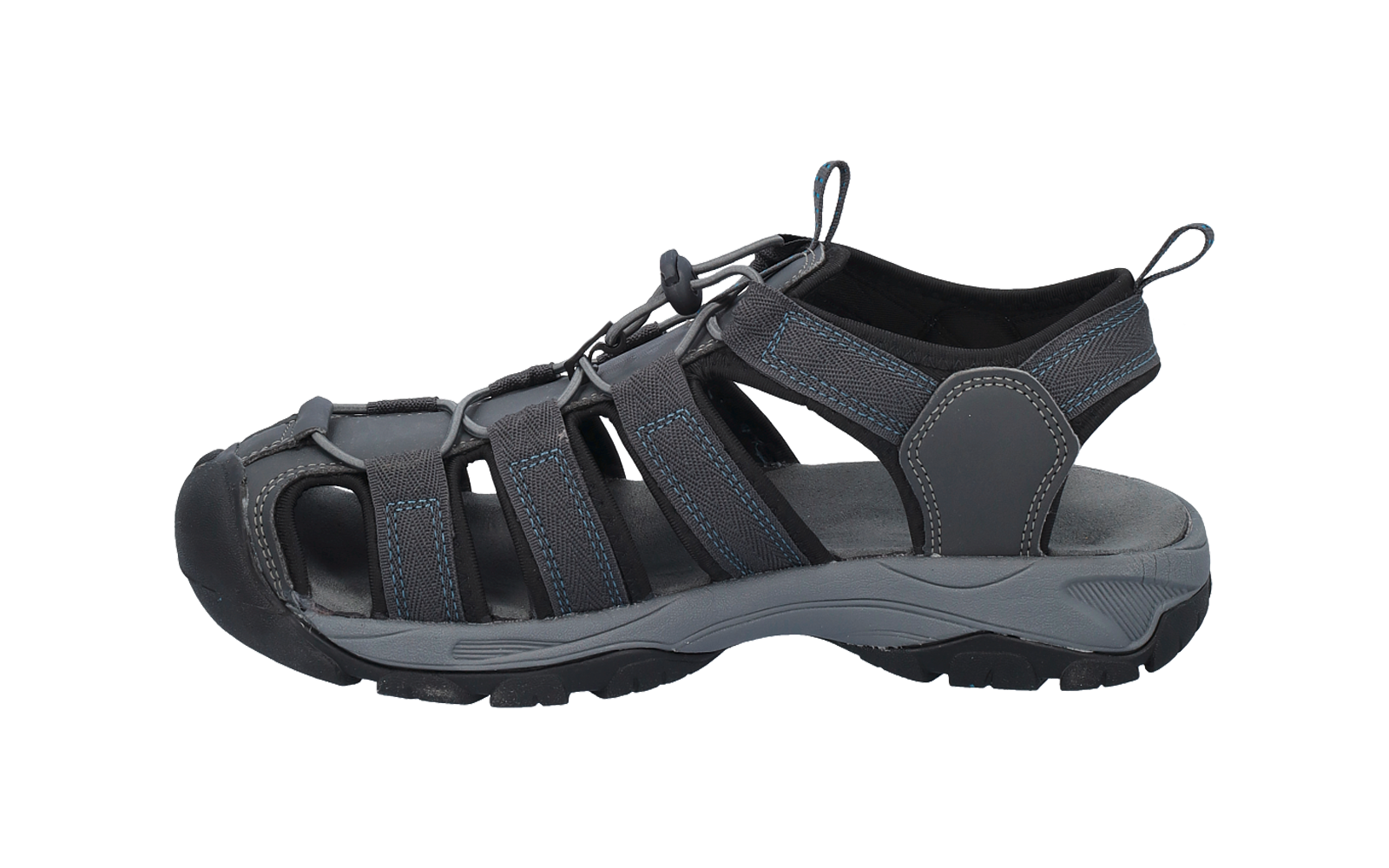 Dunkelgraue geschlossene Sandale mit mehreren Riemen, blauen Ziernähten und profilierter Sohle, Seitenansicht