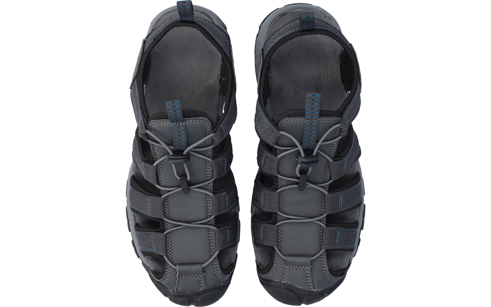 Draufsicht auf zwei graue Sandalen mit geschlossenem Zehenbereich, seitlichen Öffnungen und elastischer Schnürung mit Stopper