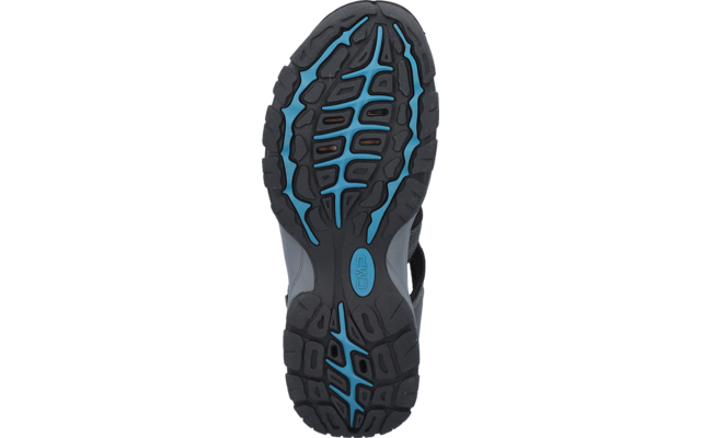 Unterseite eines Schuhs, schwarze Profilsohle mit blauen Einlagen und grauen Seitenrändern sichtbar