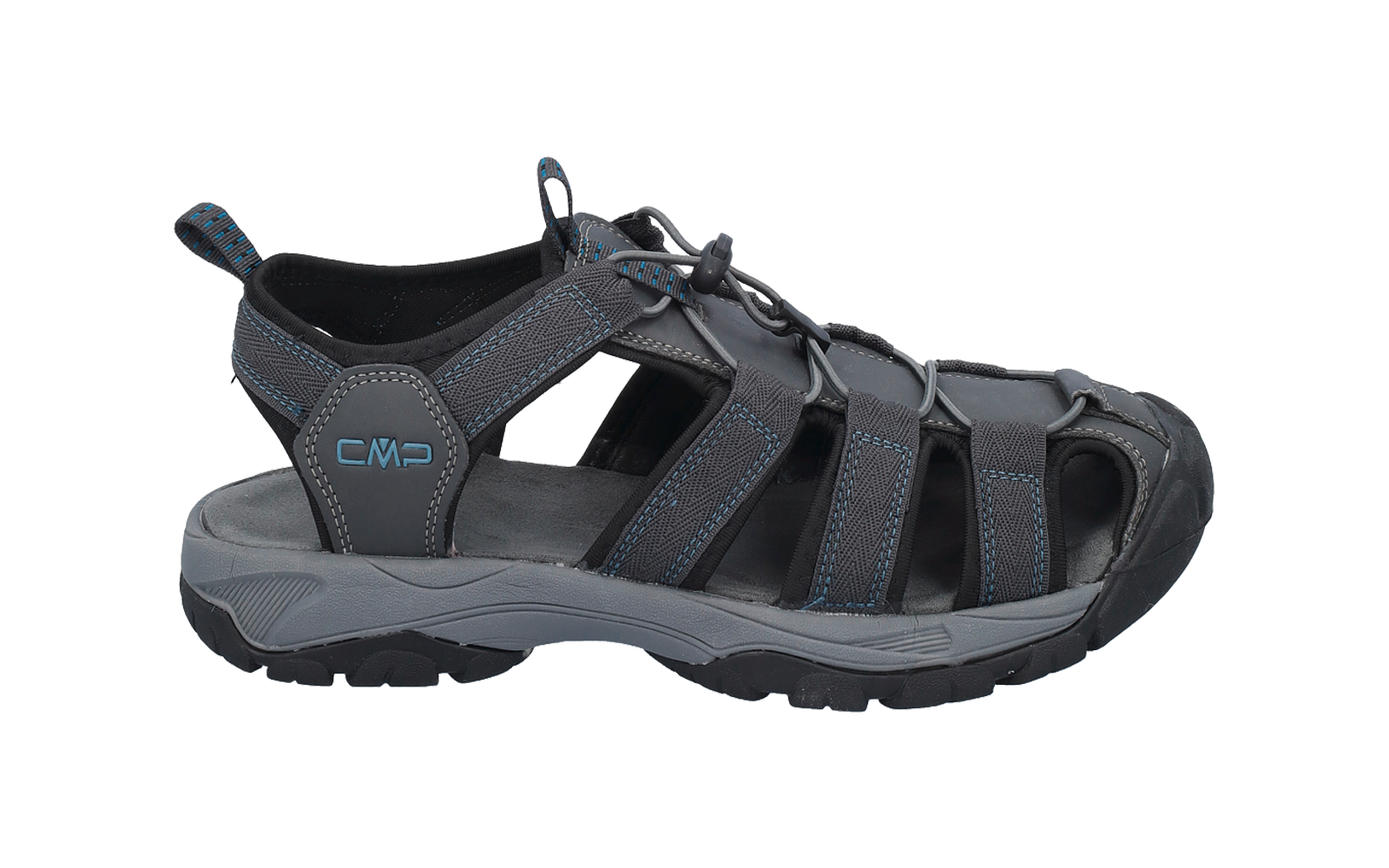 Graue Sandale mit geschlossener Zehenpartie, mehreren Seitenriemen, elastischem Kordelzug und dunkler Gummisohle; seitlich "CMP"-Logo