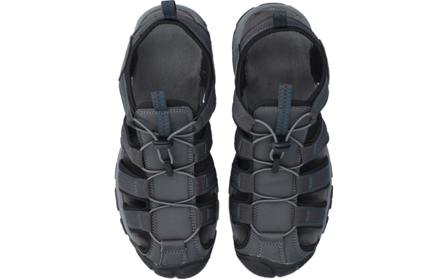 Draufsicht auf zwei graue Sandalen mit geschlossenem Zehenbereich, seitlichen Öffnungen und elastischer Schnürung mit Stopper