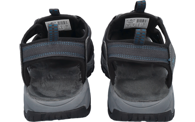 Paar schwarz‑grauer Sandalen von hinten, mit Klettverschlüssen, blauen Nähten, Fersenlaschen und gepolstertem Fußbett