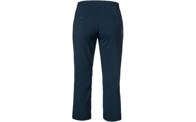 Dunkelblaue Hose, Rückansicht, elastischer Bund, zwei Gesäßtaschen mit Knöpfen, knöchellang, gerade geschnitten