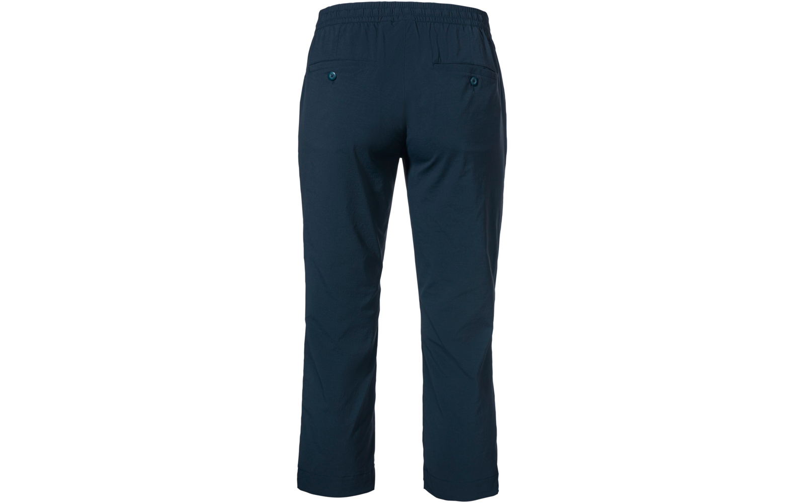 Dunkelblaue Hose, Rückansicht, elastischer Bund, zwei Gesäßtaschen mit Knöpfen, knöchellang, gerade geschnitten