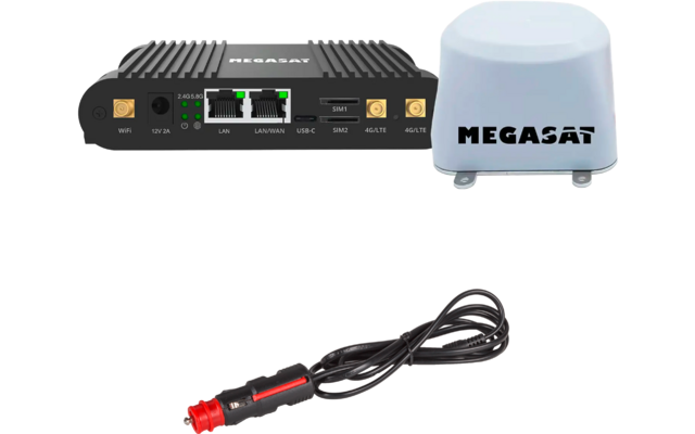 Black rectangular device with multiple network and power ports, white dome antenna labeled "MEGASAT", and coiled black cable with red 12V car lighter plug