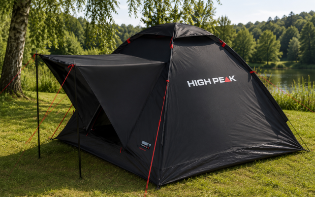 Schwarzes Zelt mit weiß-rotem „HIGH PEAK“-Logo, geöffnetem Vordach und roten Abspannleinen, steht auf Gras an einem See, Bäume im Hintergrund