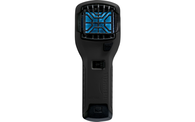 Schwarzes Handgerät mit quadratischem Display oben, blauem Rastermuster im Display, Schutzgitter, darunter Knöpfe und geriffelter Griff