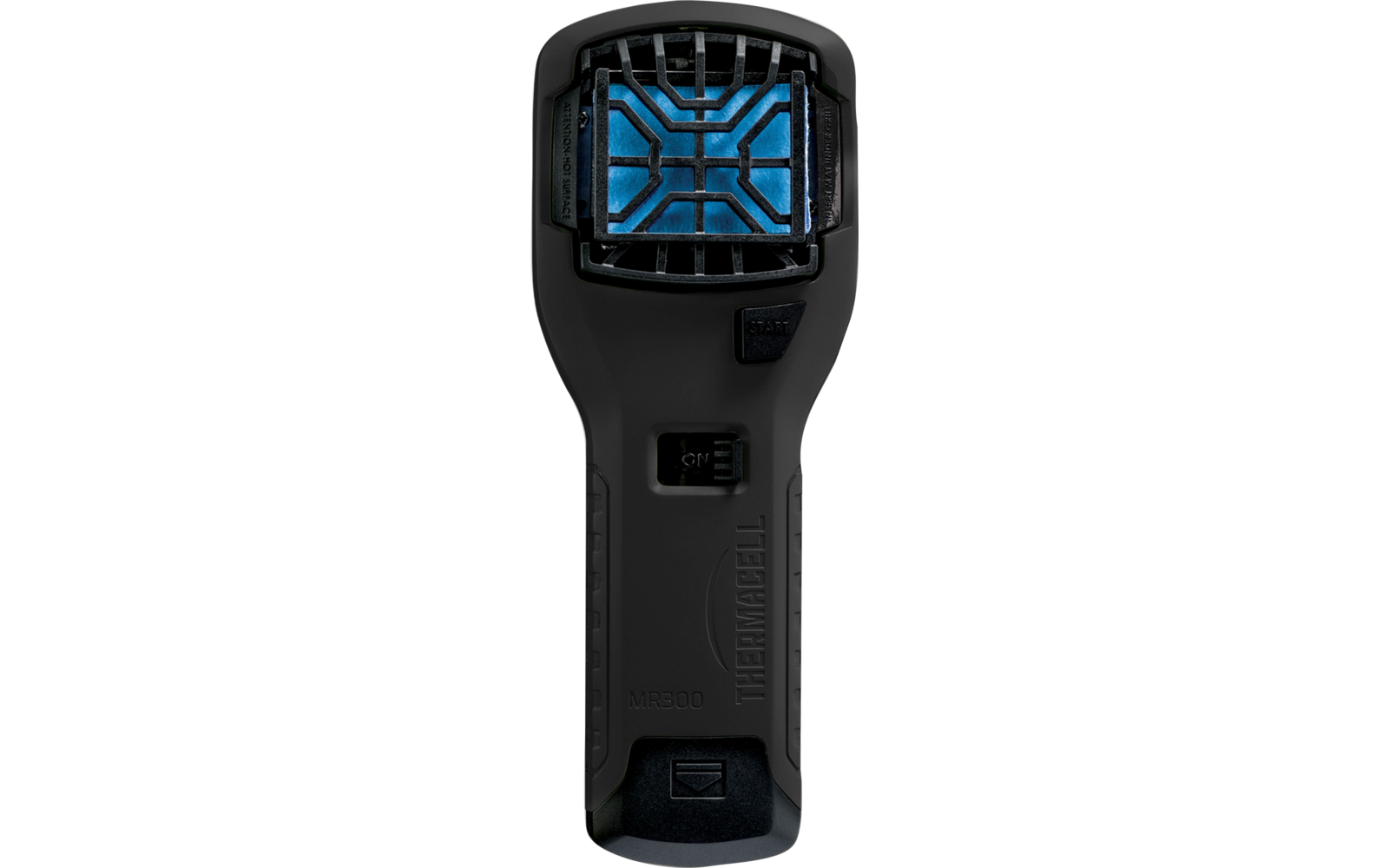 Schwarzes Handgerät mit quadratischem Display oben, blauem Rastermuster im Display, Schutzgitter, darunter Knöpfe und geriffelter Griff