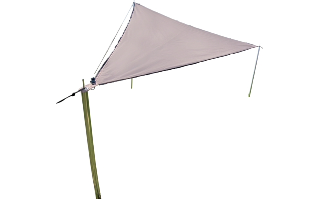 Beige sunshade on green grass under blue sky with few clouds