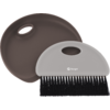 Deux brosses à main rondes en plastique, un disque rond foncé à l'arrière, une brosse demi‑circulaire plus claire au premier plan avec des poils noirs, un trou de poignée ovale et le logo blanc 'Berger'