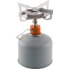 Kleiner grauer Gaszylinder mit aufgesetztem Metallbrenner, orangefarbene Regelmutter und klappbarer Metallhalterung