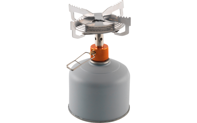 Kleiner grauer Gaszylinder mit aufgesetztem Metallbrenner, orangefarbene Regelmutter und klappbarer Metallhalterung