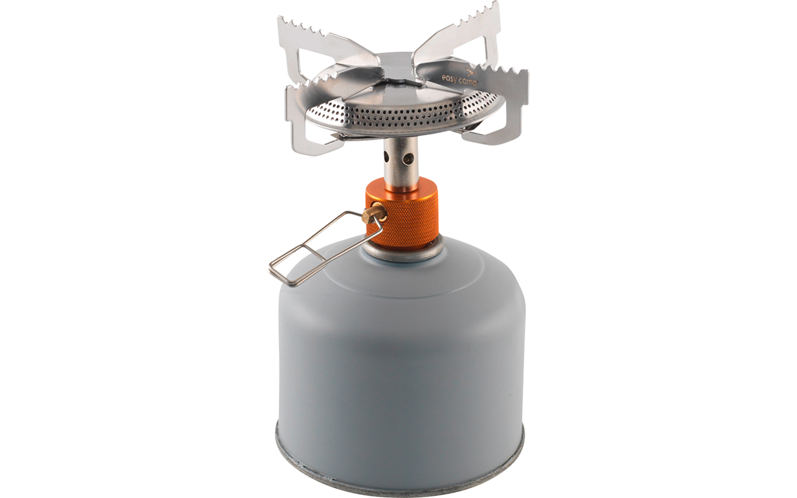 Kleiner grauer Gaszylinder mit aufgesetztem Metallbrenner, orangefarbene Regelmutter und klappbarer Metallhalterung