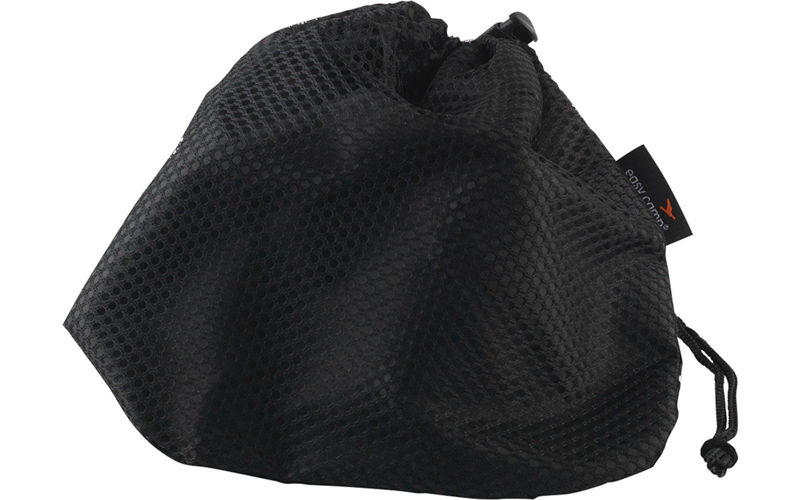 Schwarzer, leicht geöffneter Beutel aus Netzmaterial mit Kordelzug und kleinem schwarzem Etikett