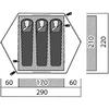 Schematische Draufsicht eines sechseckigen Umrisses mit drei nebeneinanderliegenden Schlafsäcken; Maße unten: 60, 170, 60 (gesamt 290); rechts: 210 und 220