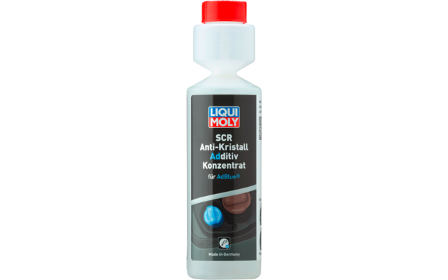 Weiße Kunststoffflasche mit rotem Schraubverschluss, schwarzem Etikett, LIQUI MOLY-Logo, Text 'SCR Anti-Kristall Additiv Konzentrat für AdBlue' und blauer Tropfen-Grafik