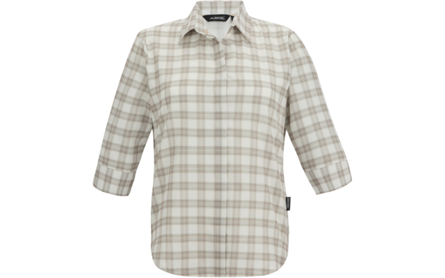 Karierte, hellbeige Bluse mit Kragen, Knopfleiste, 3/4-Ärmeln und abgerundetem Saum