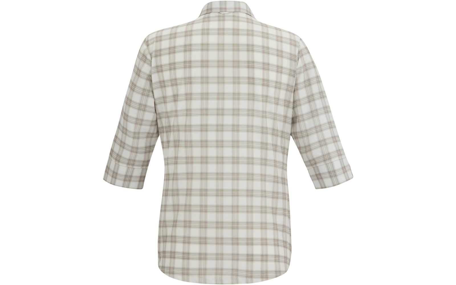 Rückenansicht eines karierten Oberteils mit Kragen und dreiviertelärmeln in Beige und Weiß