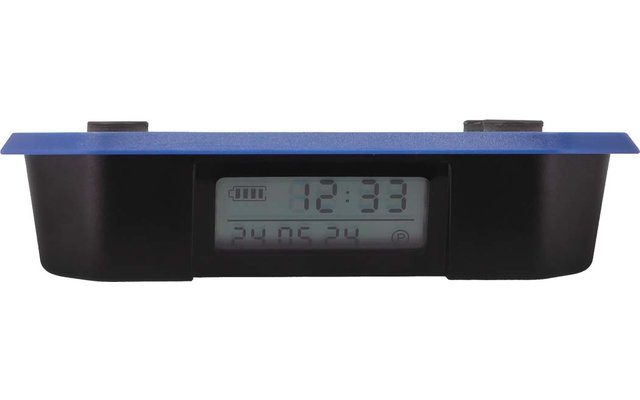 LCD-display in zwarte behuizing met blauwe bovenrand, toont '12:33' en daaronder '24.06.24'