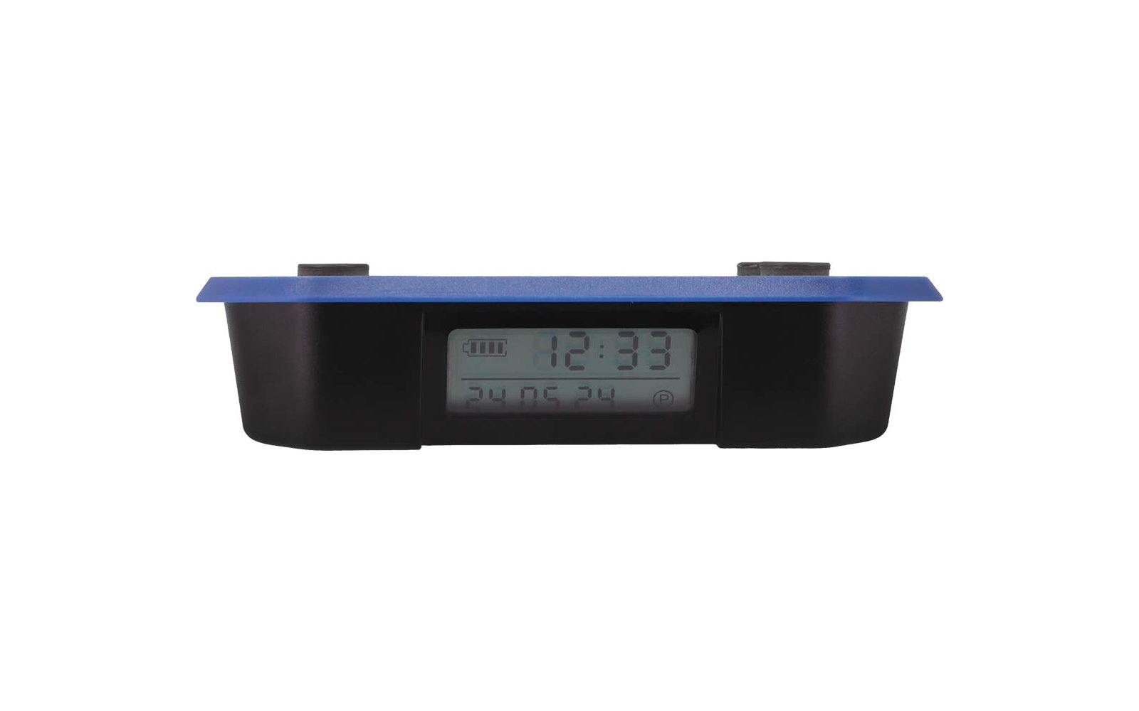 LCD-display in zwarte behuizing met blauwe bovenrand, toont '12:33' en daaronder '24.06.24'
