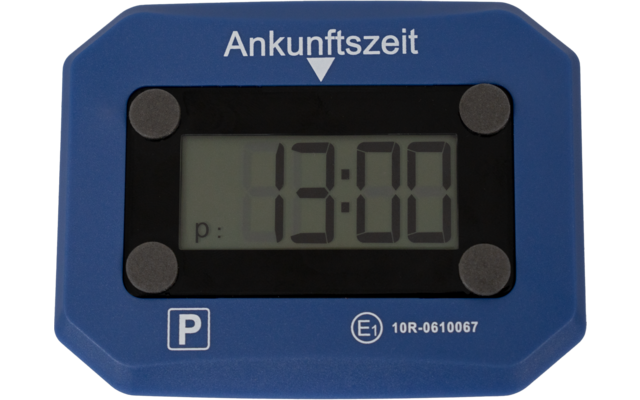 Blue parking meter with digital display and the label arrival time, showing 1:00 PM