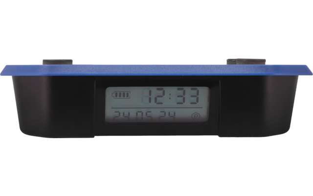 LCD display in black housing with a blue top strip, shows '12:33' and below '24.06.24'