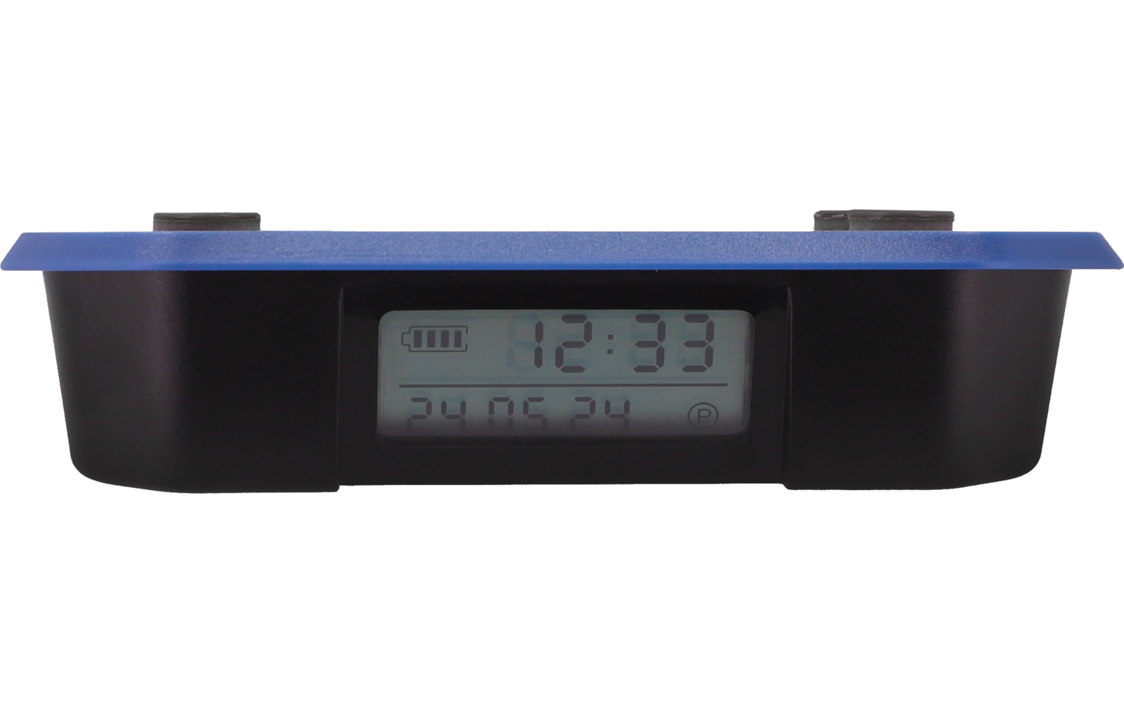 LCD display in black housing with a blue top strip, shows '12:33' and below '24.06.24'