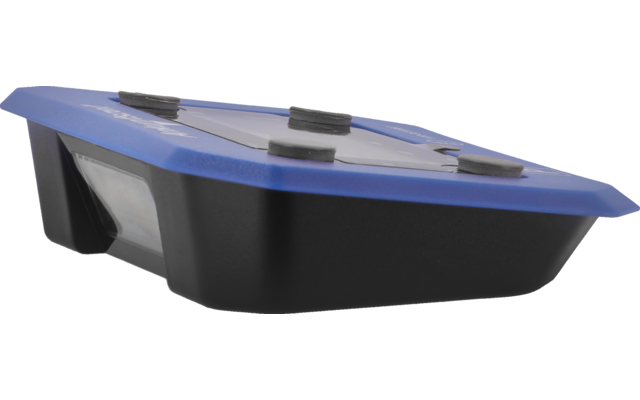 Flat blue and black device with rounded corners, three round black elements on top, and a transparent rectangular window at the front