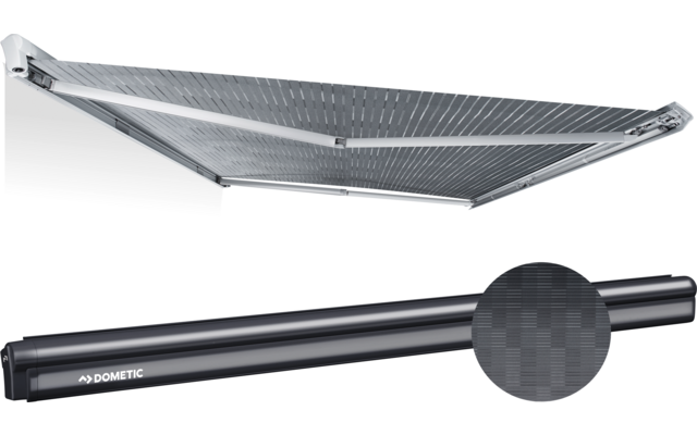 Protector solar negro desplegado con textura de fibra de carbono y poste plegado