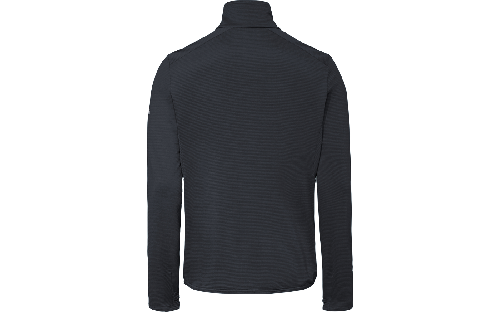 Rückenansicht einer dunklen Jacke mit Stehkragen und langen Ärmeln