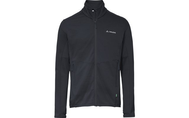 Dunkelgraue, langärmlige Jacke mit durchgehendem Reißverschluss, Stehkragen, zwei seitlichen Reißverschlusstaschen, weißes Vaude-Logo auf der linken Brust und kleiner grüner Anhänger am Saum