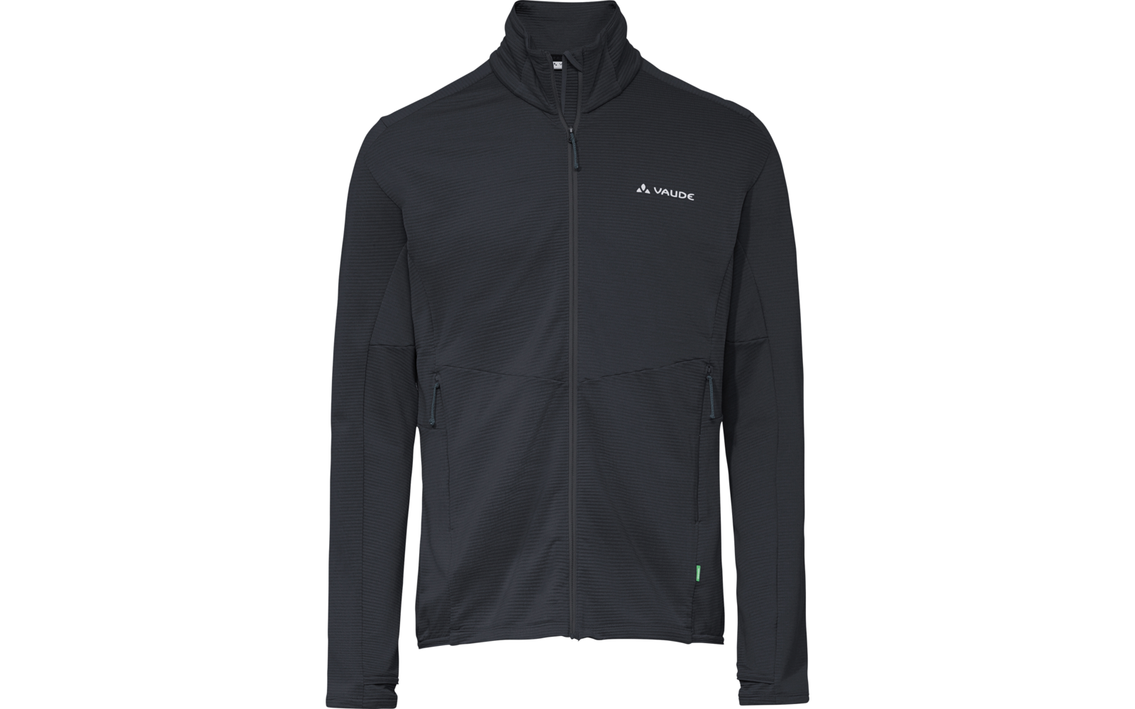 Dunkelgraue, langärmlige Jacke mit durchgehendem Reißverschluss, Stehkragen, zwei seitlichen Reißverschlusstaschen, weißes Vaude-Logo auf der linken Brust und kleiner grüner Anhänger am Saum