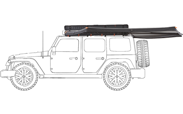Seitenansicht eines viertürigen Geländewagens mit aufgestelltem Dachzelt, ausgefahrener Markise und hinten montiertem Ersatzreifen