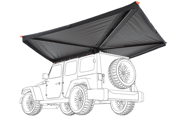 Skizzenhafte Seitenansicht eines Geländewagens mit Dachträger und ausgeklapptem rechteckigem dunkelgrauem Stoffdach mit orangefarbenen Eckdetails und an der Heckklappe montiertem Ersatzrad