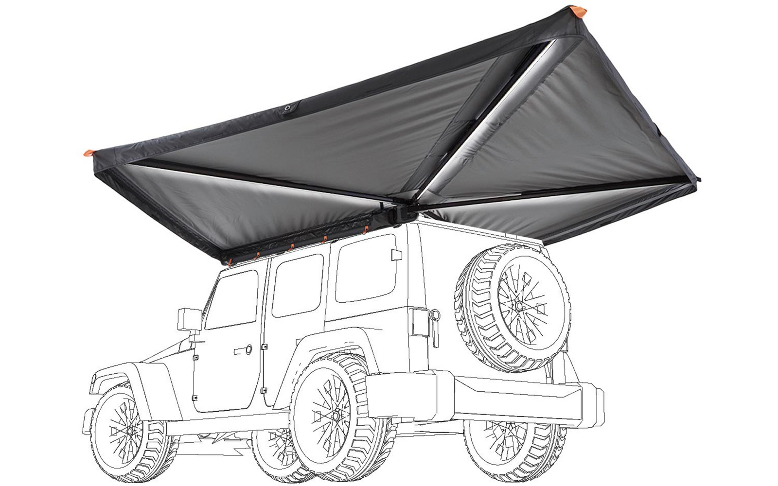 Viertüriger Geländewagen mit montiertem, aufgefaltetem rechteckigem Stoffdach über dem Fahrzeug, grauer Stoff mit orangefarbenen Ecken und sichtbarem Ersatzrad am Heck