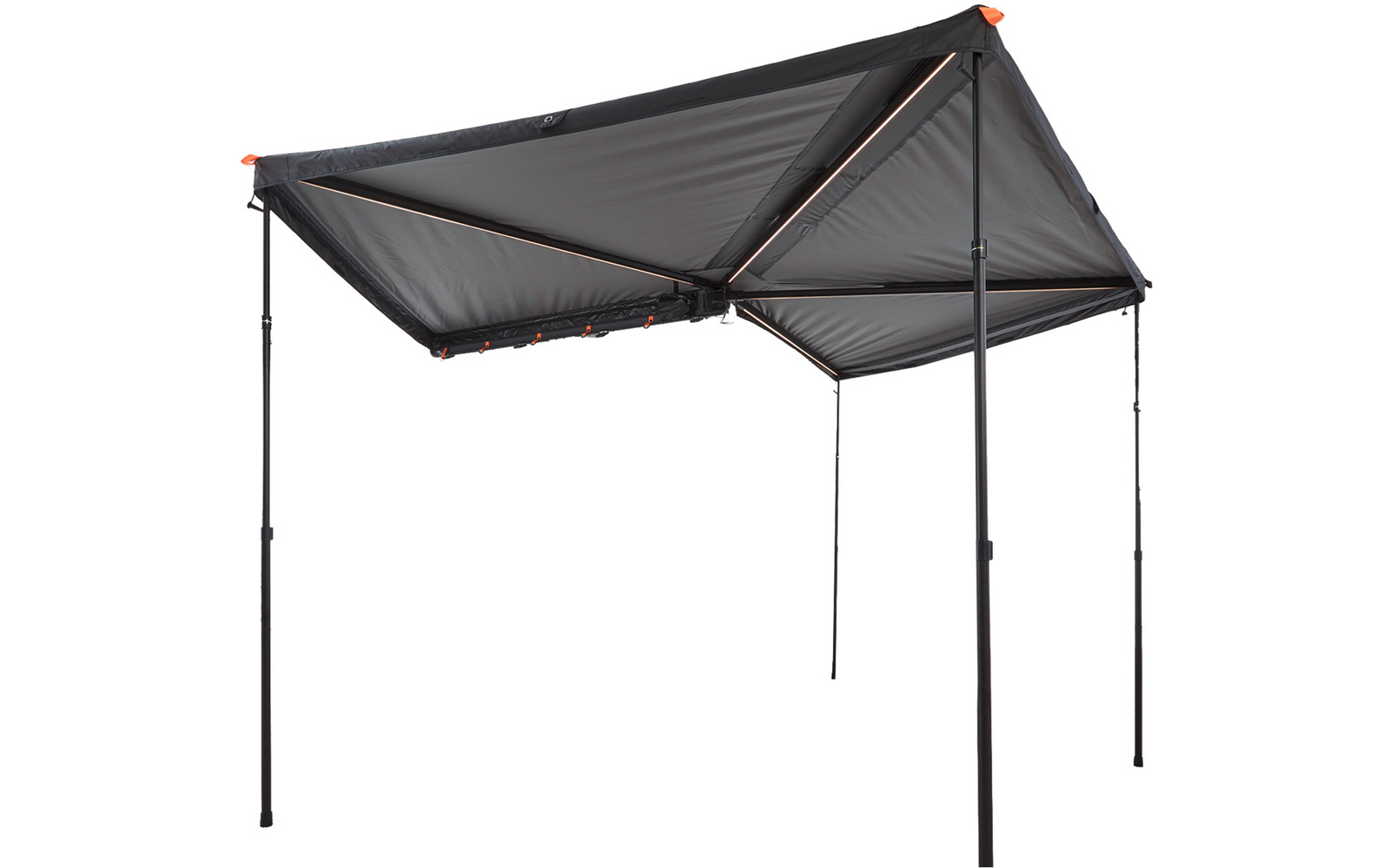 Dunkelgraues rechteckiges Sonnendach mit schwarzem Metallrahmen, drei sichtbaren Stützstangen und orangefarbenen Eckkappen