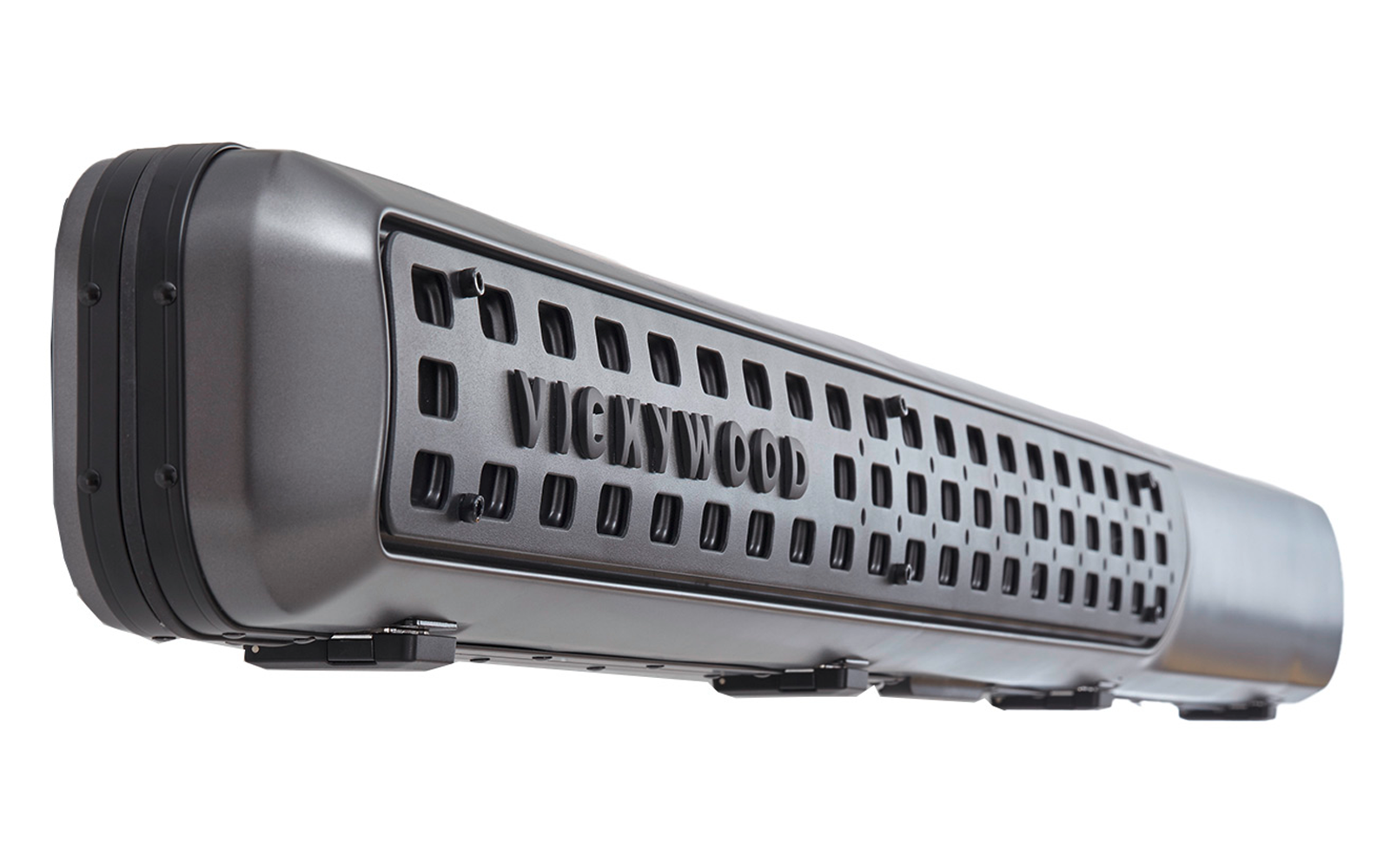Längliches graues Metallgehäuse mit gelochtem Gitter und Schriftzug 'VICKYWOOD', Seitenansicht auf weißem Hintergrund