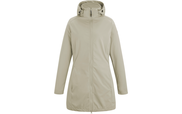 Helle lange Jacke mit Kapuze, Frontansicht, mittiger Reißverschluss, lange Ärmel, seitliche Taschen