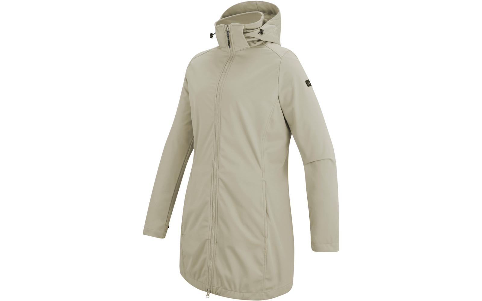 Hellbeiger langer Kapuzenmantel mit durchgehendem Vorderreißverschluss und kleinem Logo-Patch am Oberarm