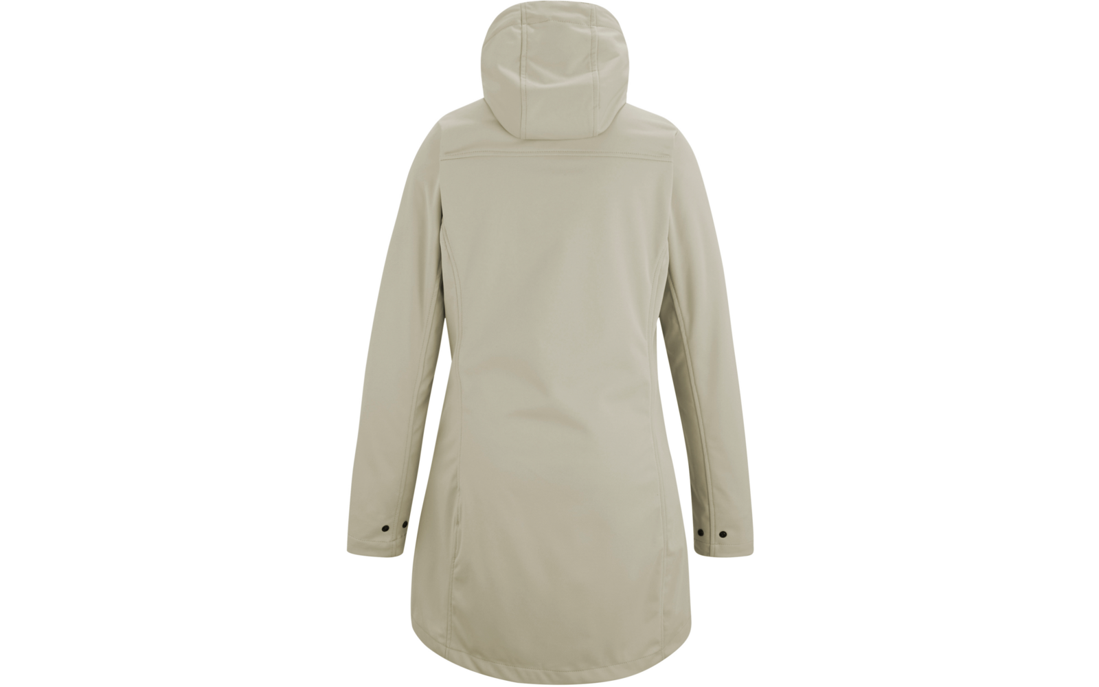 Rückenansicht eines hellbeigen Parkas mit Kapuze, langen Ärmeln, Nähten auf Rücken und Seiten, Druckknöpfen an den Ärmeln, abgerundetem Saum