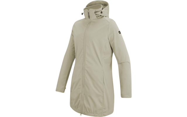 Hellbeiger langer Kapuzenmantel mit durchgehendem Vorderreißverschluss und kleinem Logo-Patch am Oberarm