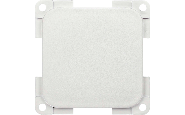Coperchio bianco quadrato con angoli arrotondati e quattro fori di fissaggio, superficie leggermente strutturata