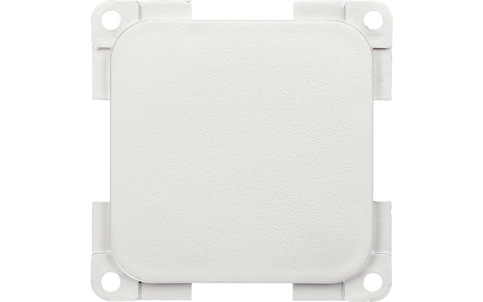 Coperchio bianco quadrato con angoli arrotondati e quattro fori di fissaggio, superficie leggermente strutturata